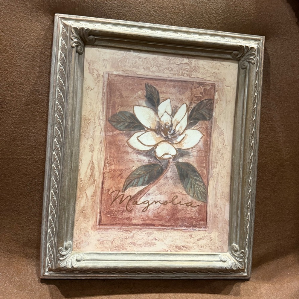 Home Interiors and Gifts Magnolia Framed Art Print Ornate Gold Bronze Frame 11x9
